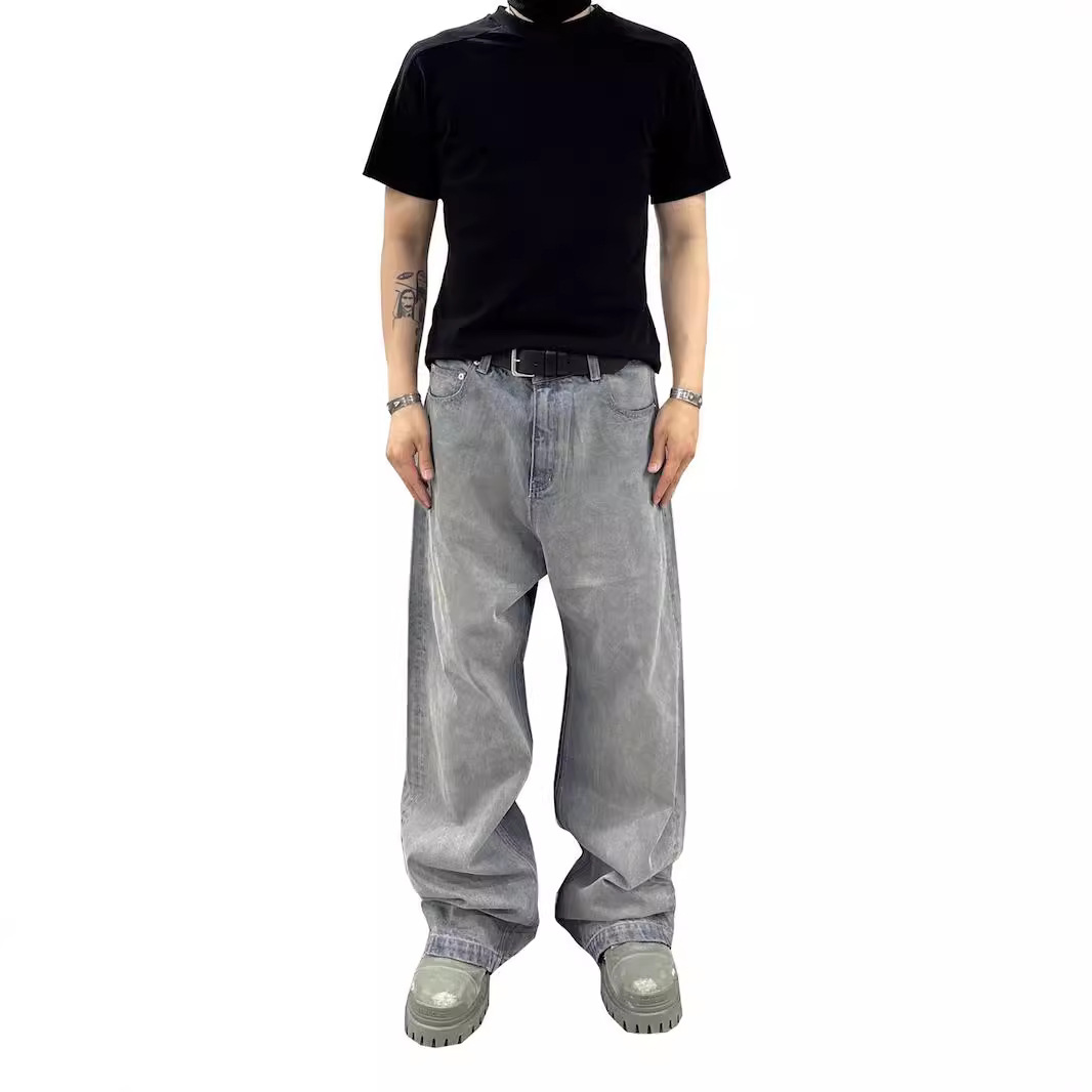 Ανδρικά Ρούχα Μπλε τζιν με φαρδιά μπατζάκια και πλέξη στο πλάι, για άνδρες και γυναίκες_voghion.com