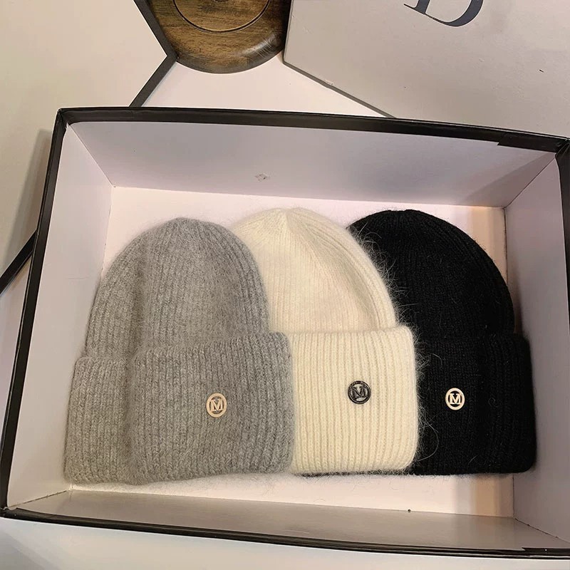 Acrylic Material Thick Knitted Hat With Rabbit Fur Winter Warmth Ear Protection Wool Lining Large Head Size Wool Hat Basic