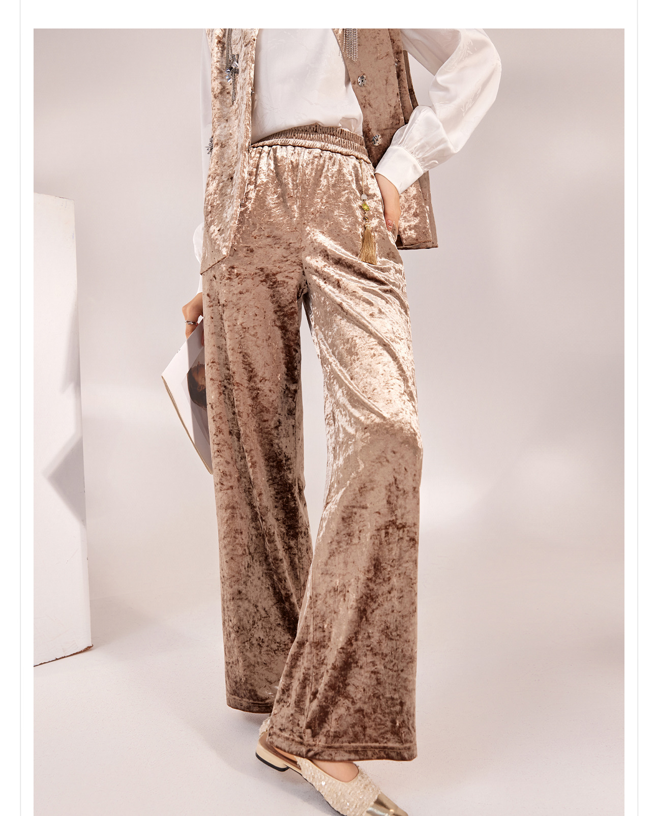 Quần ống rộng nhung lụa kiểu Trung Quốc mới, jacquard màu trơn, phong cách văn nghệ — Màu đen, Màu vàng, Màu hồng, Màu mơ chi tiết 9