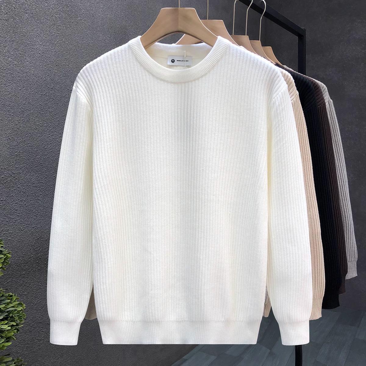 Dickes Herren-Basisschicht-Pullover, schlichtes Design, aprikosenfarben, vielseitige Innenschicht, hellgrau-weißer, trendiger Pullover_voghion.com