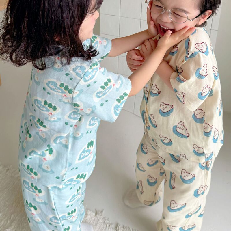 Children's Pure Cotton Pajamas 2026 Summer New Style Cute Cartoon Home Clothes for Boys and Girls, Cotton Gauze Short-Sleeved Anti-Mosquito Pants