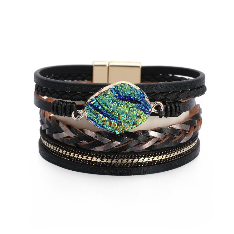 Bohemian Multi-layer Leather Braided Diamond Bracelet display picture 5