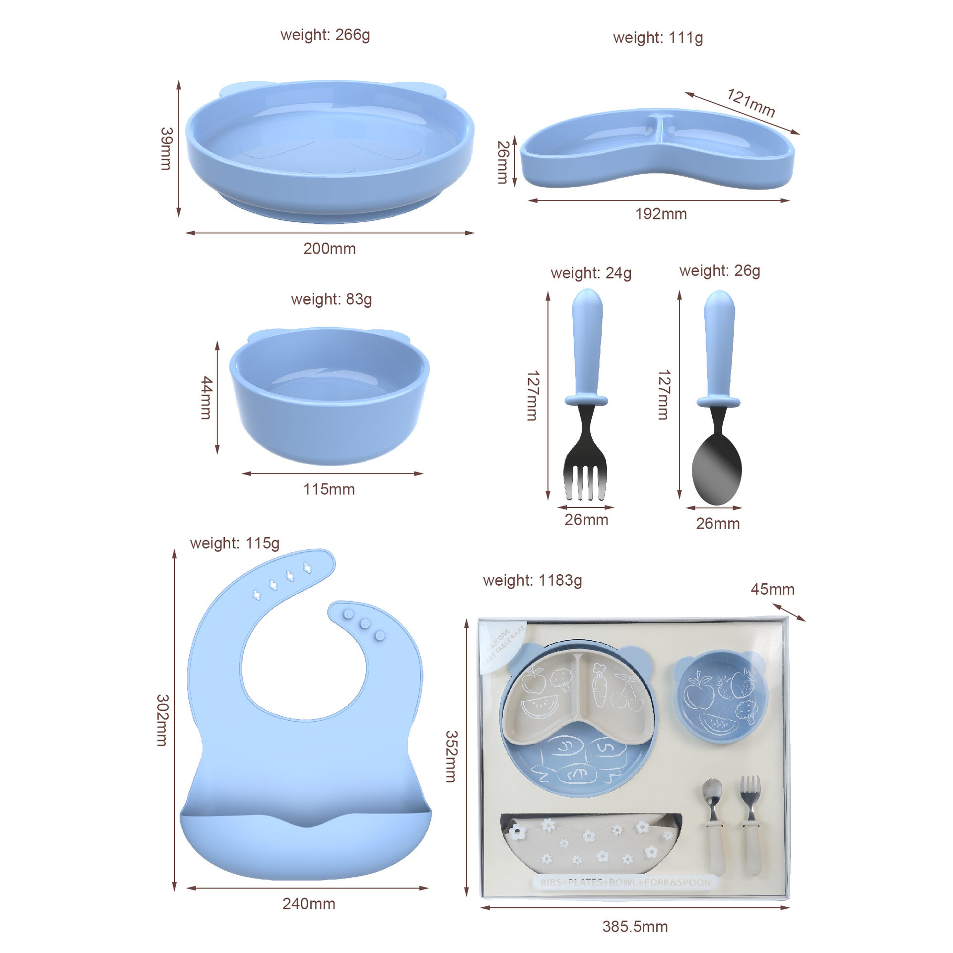 Conjunto de cubiertos de silicona para niños, bolos de alimentos suplementarios, cubiertos de silicona para bebés, cubiertos de silicona de grado alimenticio, set de seis piezas