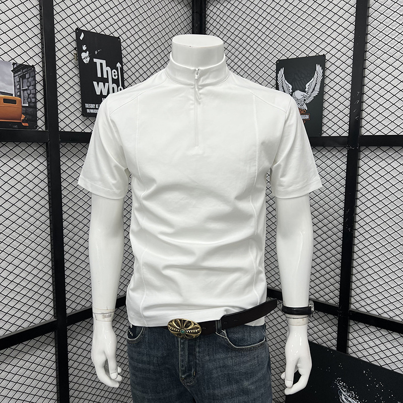 Men's Summer Sports T-Shirt Style High Neck Zipper Short Sleeve Fashionable Trendy Loose Top_viptrois.com