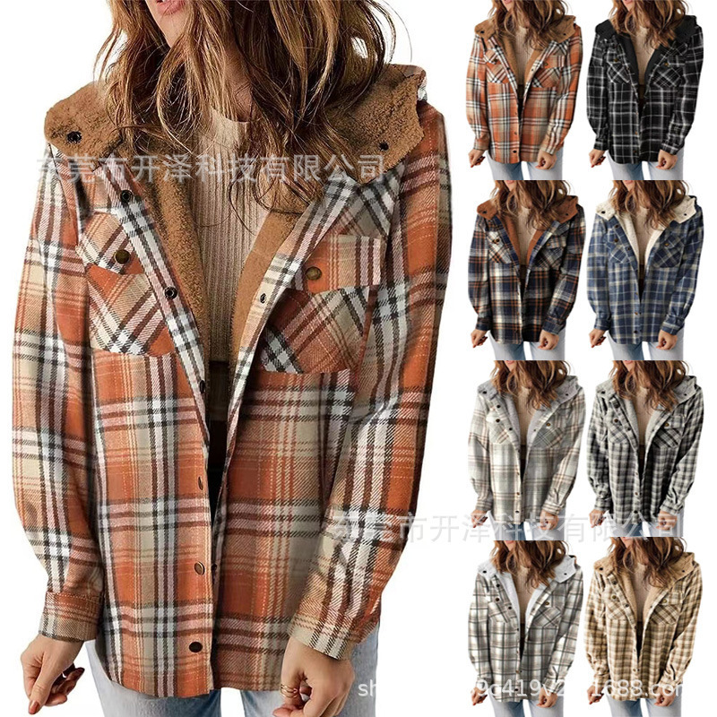 2025 Autumn and Winter New Flap Pocket Pants Casual Plaid Shirt Hooded Woolen Outwear for Women European and American Velvet Warm Jacket for Women