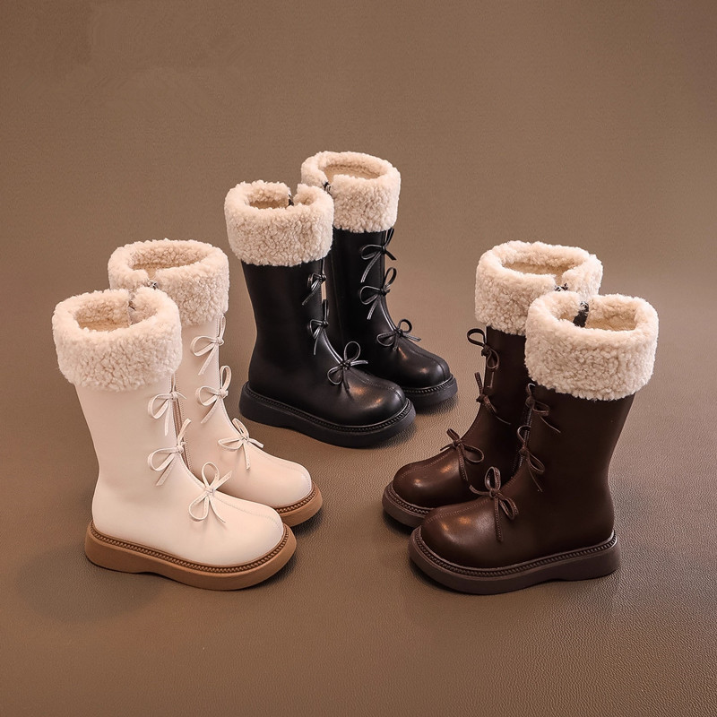 Girls' Shoes, Kidsren's Long Boots, 2026 Autumn and Winter New Style High-Top Princess Leather Boots, Fleece-Lined, Stylish Snow Cotton Shoes