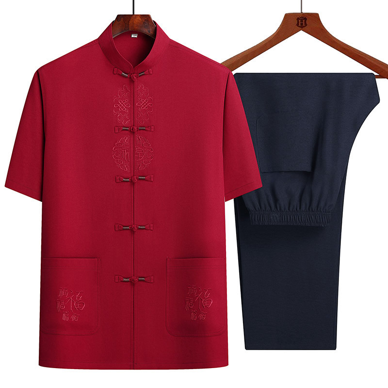Summer Middle-aged Old Men's Dad Chinese Style Loose Short-sleeved Buckle Tang Suit suit Grandpa Old Man Summer Hanfu