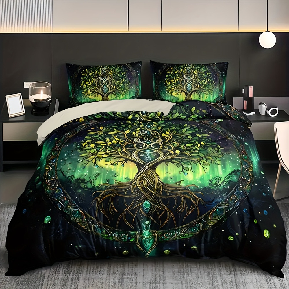 Retro dorado árbol de vida impresión digital abrasión kit de edredón textil suave piel transpirable TEMU / J