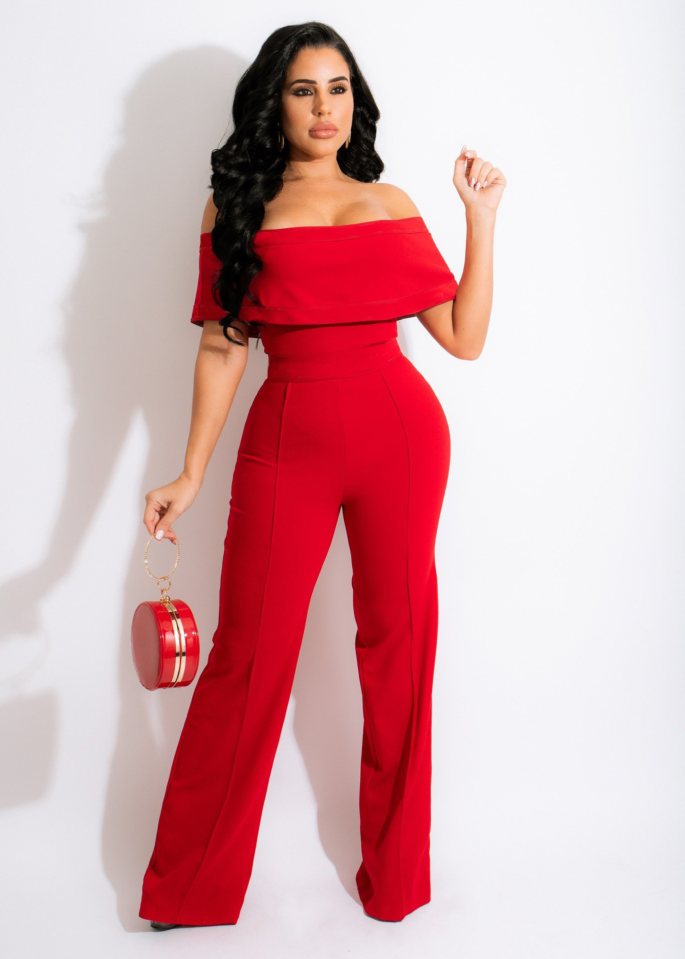 solid color one-word collar tube top short sleeve slim jumpsuit NSMRF137188