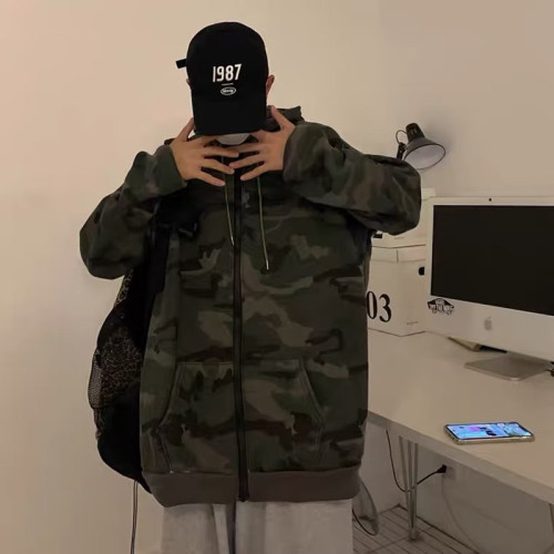Camouflage Hooded Sweatshirt for Men - Loose Fit, Ins Style, Spring and Autumn Casual Top, Hong Kong Style, Student Trend Brand Outerwear for Men