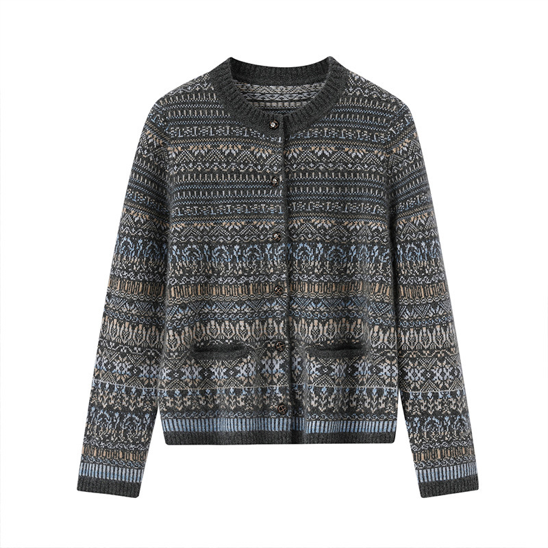 Lekasha cashmere autumn and winter 100% pure cashmere women's knitted cardigan single-breasted round-neck coat Lekasha cashmere autumn and winter 100% pure cashmere women's knitted cardigan single-breasted round-neck coat