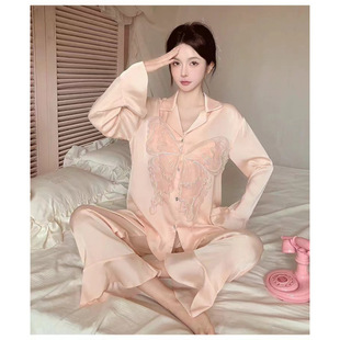Online Figure Madame Butterfly Autumn New Ice Silk Thin Long Sleeve suit Solid Color Pajamas Women's Home Clothes Women's Waist