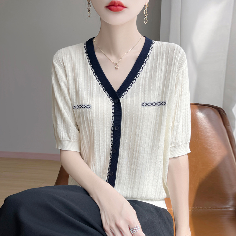 莱赛尔100小v领撞色假开衫2025夏季新款针织衫薄中袖女T恤套头