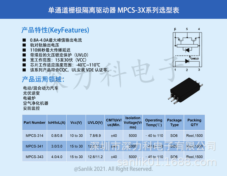 单通道栅极隔离驱动器 MPCS-3X系列选型表无码