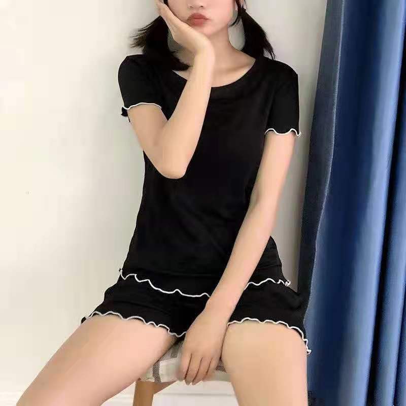 2021 Summer Ear Edge Cool Suit Ice Silk Thread Pajamas Casual Home Clothes Round Neck Short Sleeve Shorts Two-piece Set 2021 Summer Ear Edge Cool Suit Ice Silk Thread Pajamas Casual Home Clothes Round Neck Short Sleeve Shorts Two-piece Set