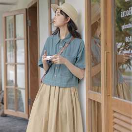 2025新款设计感小众复古港味宽松短款上衣学院风牛仔短袖衬衫女夏