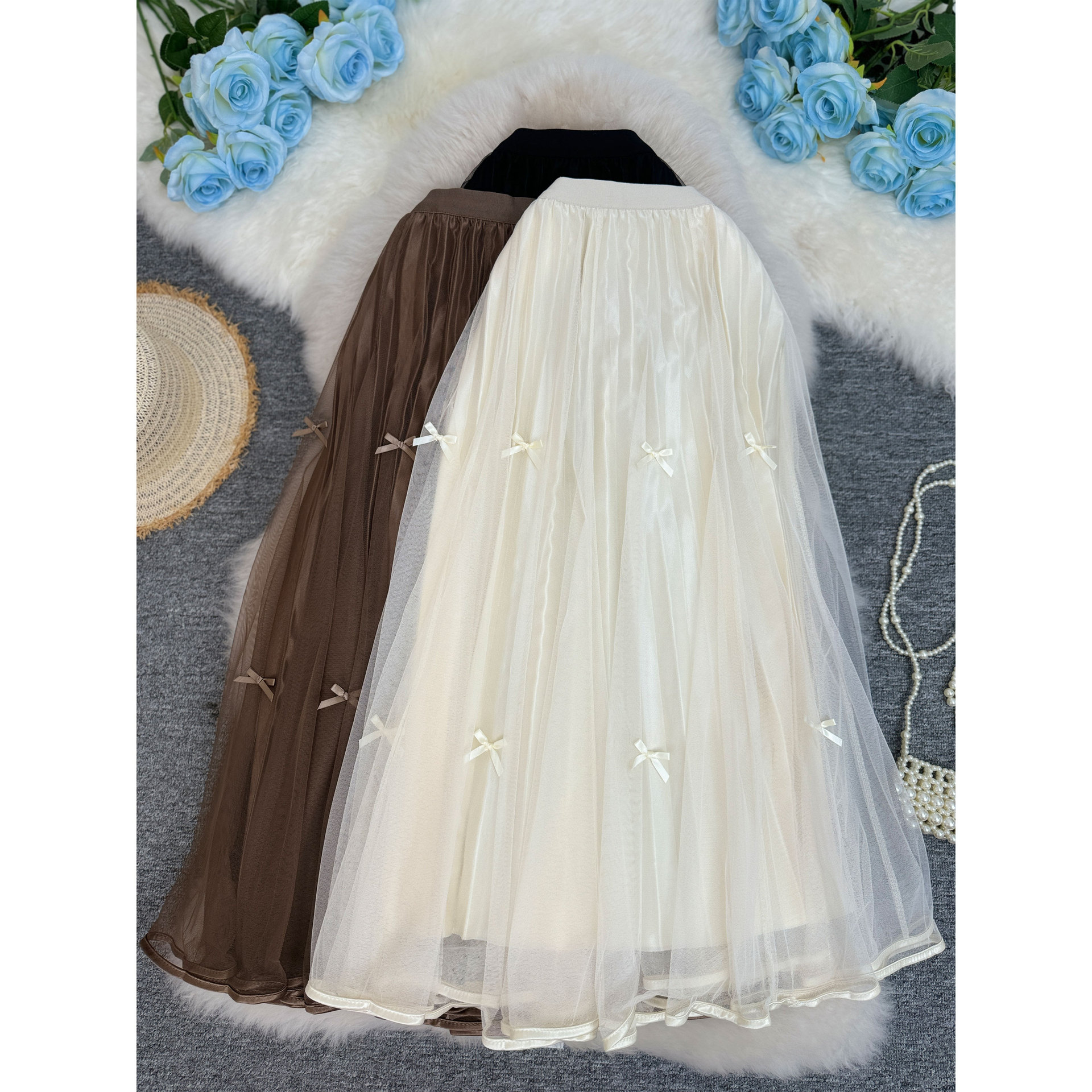 蝴蝶结网纱纱裙半身裙气质高档夏季A字温柔风两面穿中长款裙子女