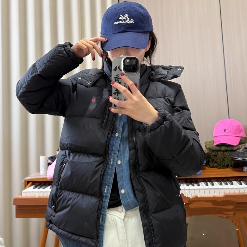 Scan Code Rl Laff Pony Logo Embroidered Detachable Hat Ultra-Thick down Jacket Windproof and Waterproof Zipper Jacket