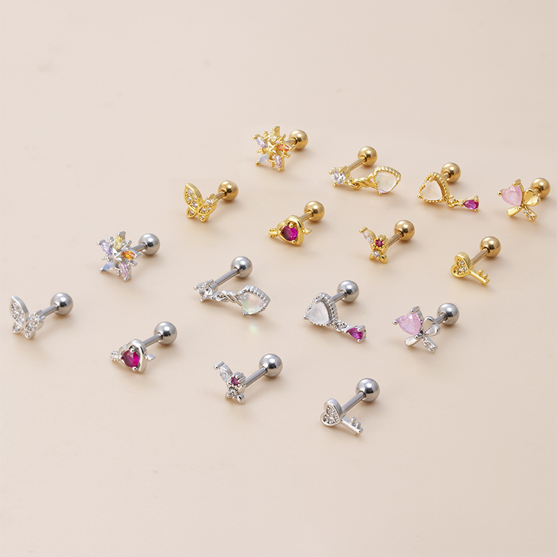 Daily Occasion 1 Piece 316L Stainless Steel  Copper Zircon Ear Cartilage Rings & Studs Heart Shape Butterfly Waterproof Non Tarnish Surgical Steel Women'S