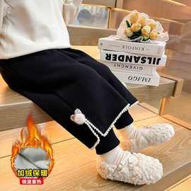 女童裤跨境现货中小童冬款加绒裤子阔腿假两件女孩休闲裤加厚童裤