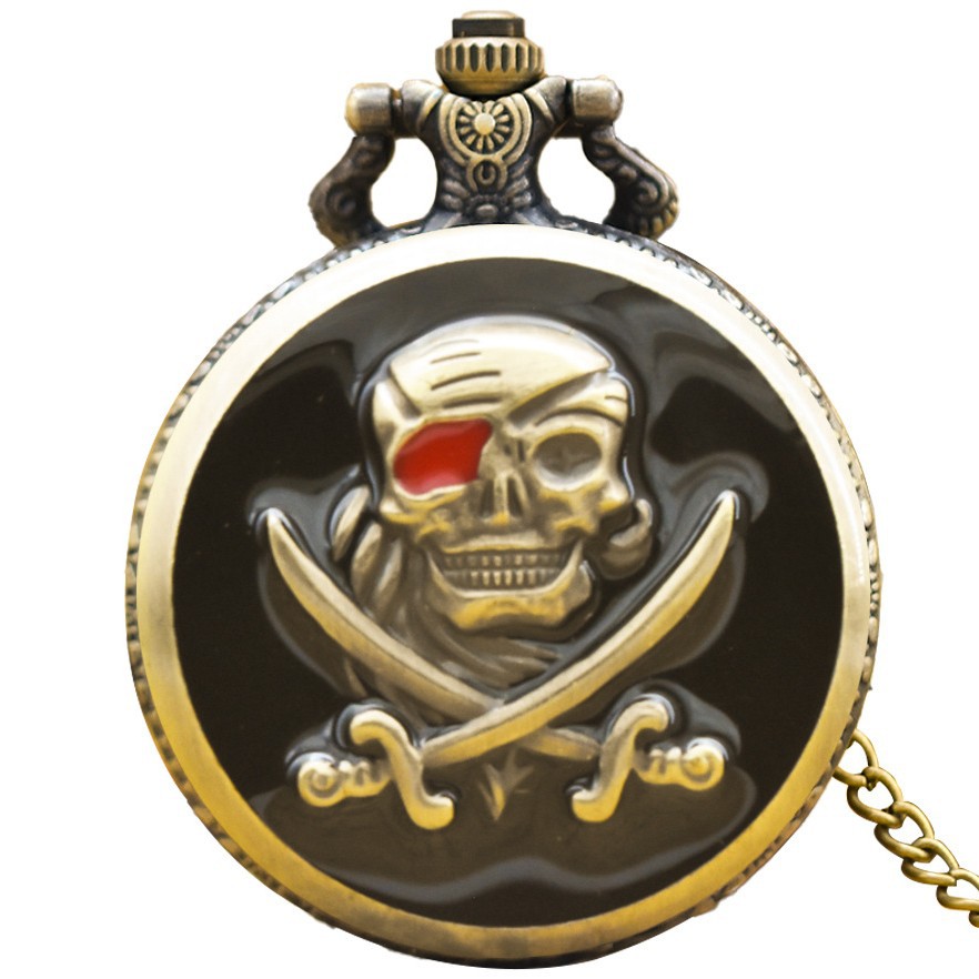 Bronze Double-Blade Ghost Head Pirate Retro Pocket Watch Manufacturer Wholesale Black Lacquer Red-Eyed Skull Pirate Pocket Watch