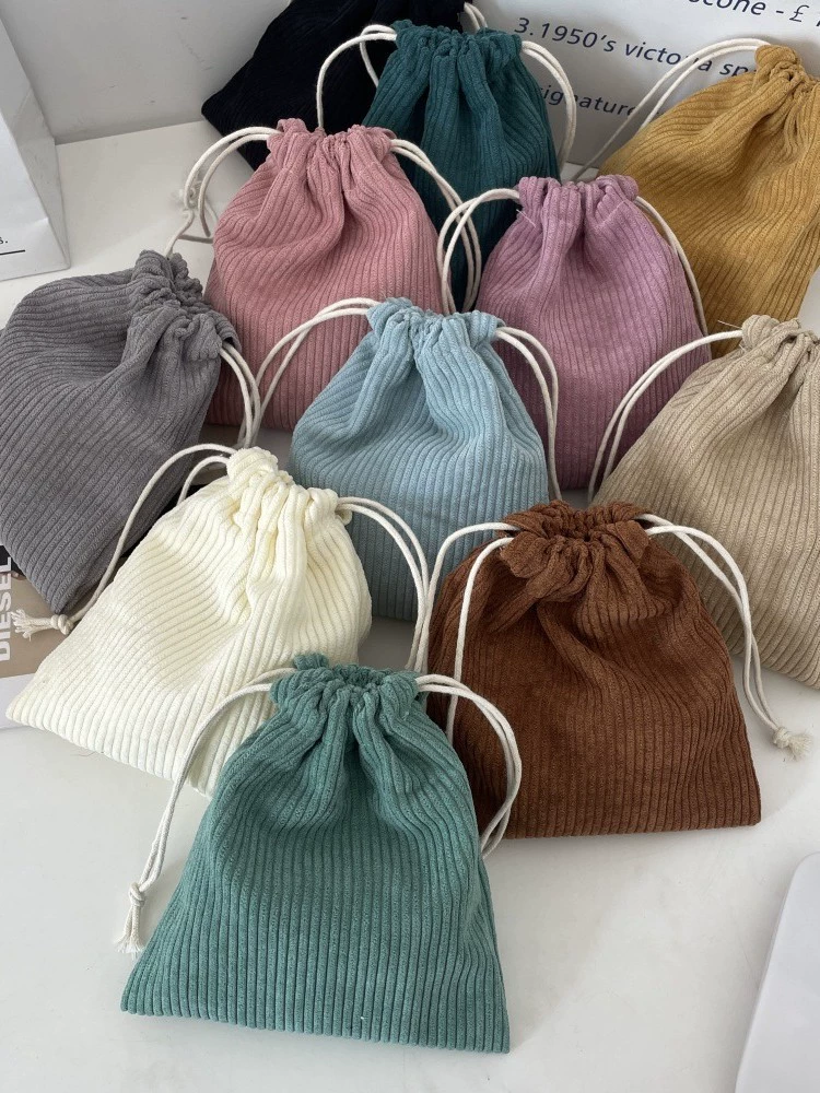 Corduroy Cosmetic Drawstring Bag Set, Handheld 3-Piece Kit — Small/Medium/Large