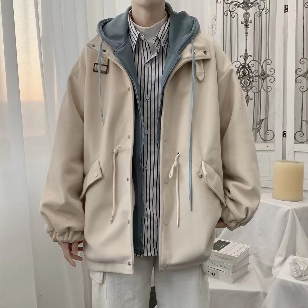 Oscuro ins moda marca High Street abrigo de lana de los hombres Otoño e Invierno estilo coreano moda suelta con capucha abrigo de lana