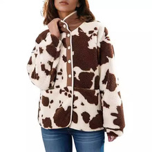 2024亚马逊欧美女式羊羔毛休闲长袖纽扣夹克印花保暖外套带口袋