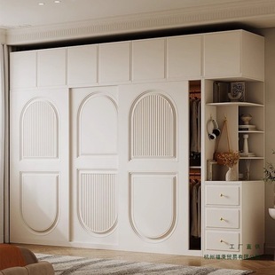 French Cream Style Sliding Door Wardrobe Small Apartment Economical Storage Cabinet Solid Wood Sliding Door Cabinet Simple and Modern