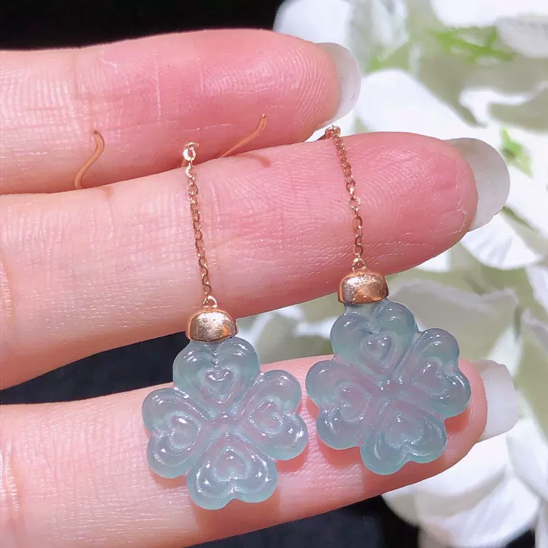 天然翡翠 18K金镶翡翠耳坠女 天空蓝四叶草耳坠玉耳饰配证书