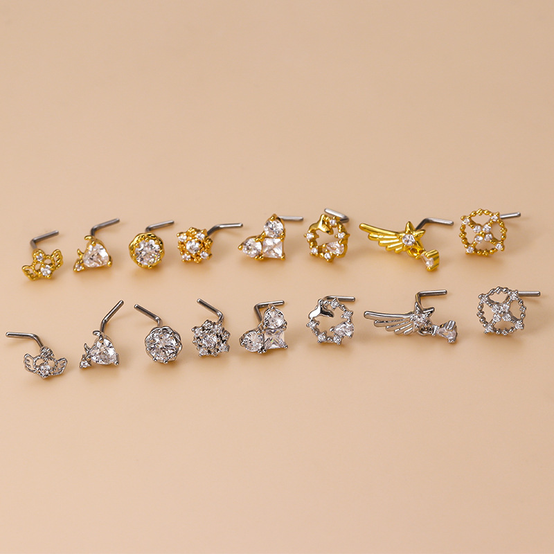 Fashion Heart Shape Stainless Steel Plating Zircon Nose studs 1 Piece