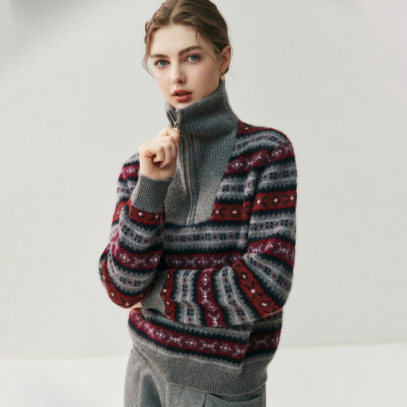 Light Luxury Cashmere! Autumn and Winter Women's Elegant Artistic Cashmere Sweater Versatile Turn-Down Collar Zipper Jacquard Cashmere Pullover