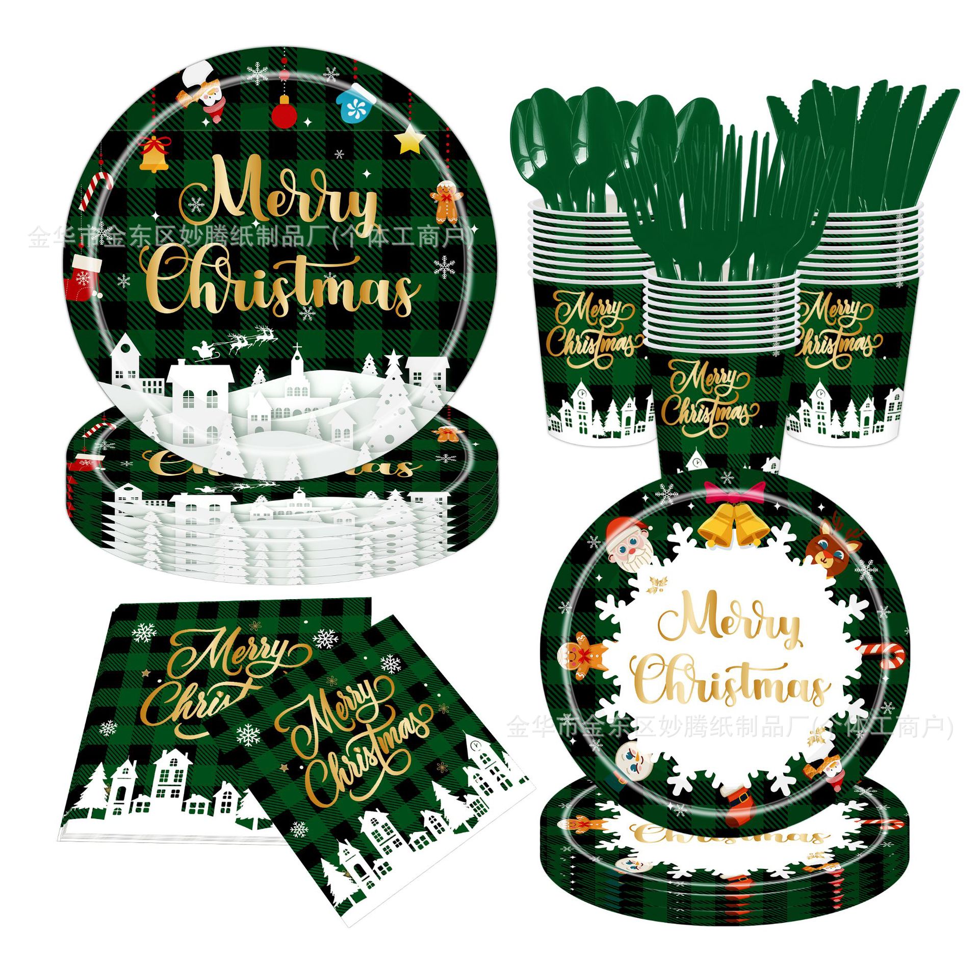 Nuevo árbol de Navidad de alce, muñeco de nieve pingüino conjunto de cubiertos desechables decoración de fiesta conjunto de platos de papel desechables