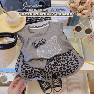 Category a Girls Two-Piece Set Kidsren's Modal Flying Sleeve Bow Short-Sleeved Summer Cartoon Hot Pants Set