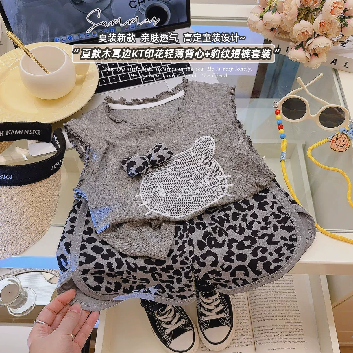 Комплект из двух предметов категории A для девочек, детский комплект из модала с летающими рукавами и бантом, летние шорты с короткими рукавами и рисунком из мультфильма