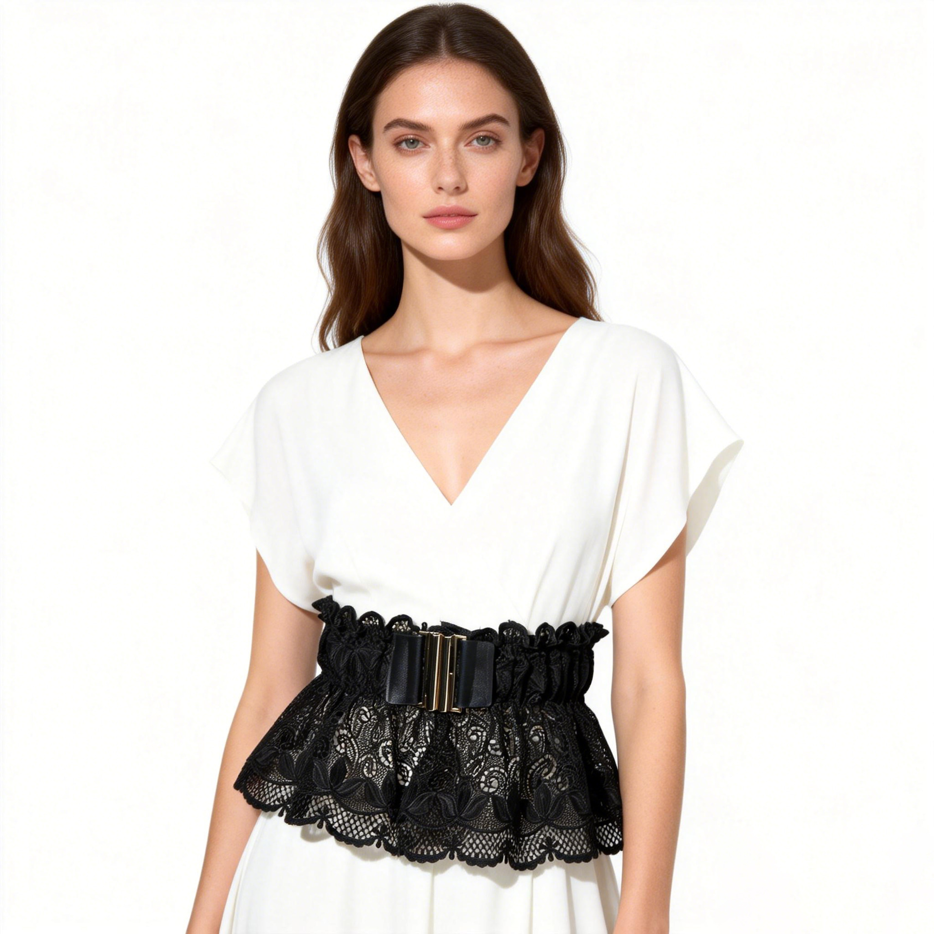 Ceinture large à boucle métallique, serre-taille élastique en dentelle tendance, idéale avec robes et chemises._voghion.com