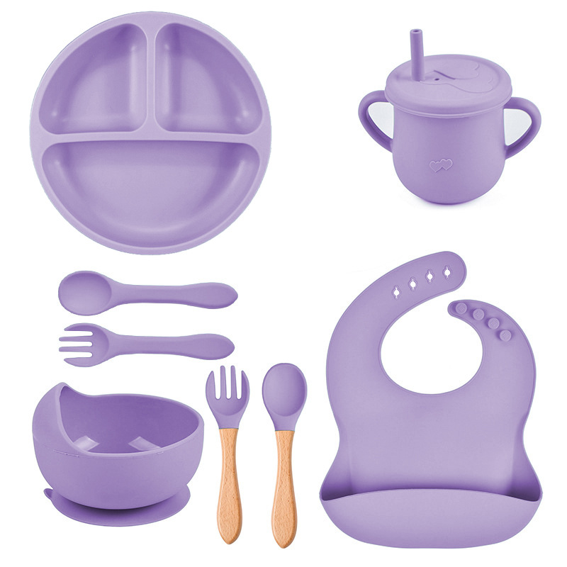 Conjunto de cubiertos de silicona de 8 piezas pequeños platos de succión copas de paja de silicona cuenco delantal cuchara horquilla plato de bebé al por mayor