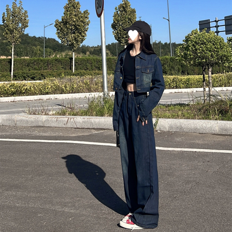 美式复古短款牛仔布外套夹克女春季高腰拖地阔腿牛仔布|undefined