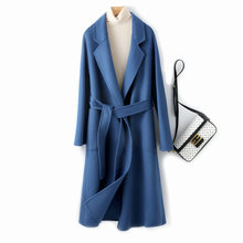 藍色水波紋雙面羊絨大衣女2022年新款中長款高端寬松羊毛呢子外套