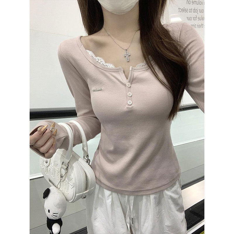 Lace Patchwork Pink V-Neck Long-Sleeve Fleece-Lined T-Shirt for Women, Autumn Slim-Fit Waist-Cinching Base Layer Pure Desire Tight-Fitting Top