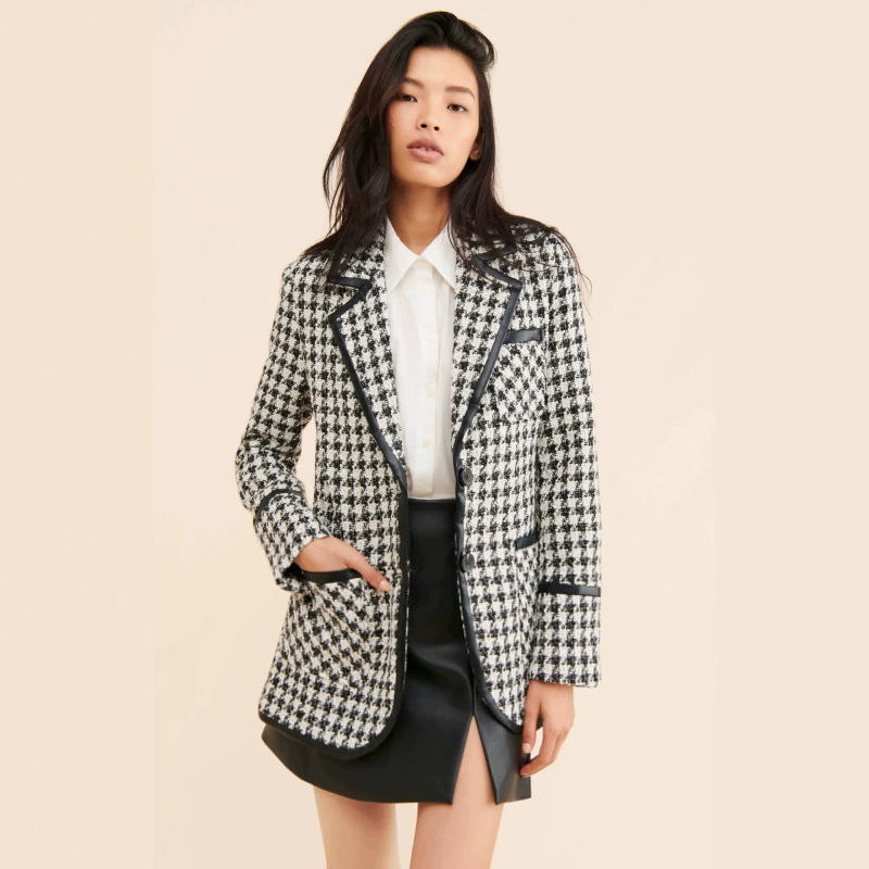 Classic Black and White Houndstooth Tweed Blazer for Women with Pu Leather Trim, Stylish and Elegant for Work, Chanel-Style Top Classic Black and White Houndstooth Tweed Blazer for Women with Pu Leather Trim, Stylish and Elegant for Work, Chanel-Style Top