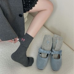 ins双针JK无骨袜子纯色AB款刺绣蝴蝶结芭蕾风女中筒堆堆袜子
