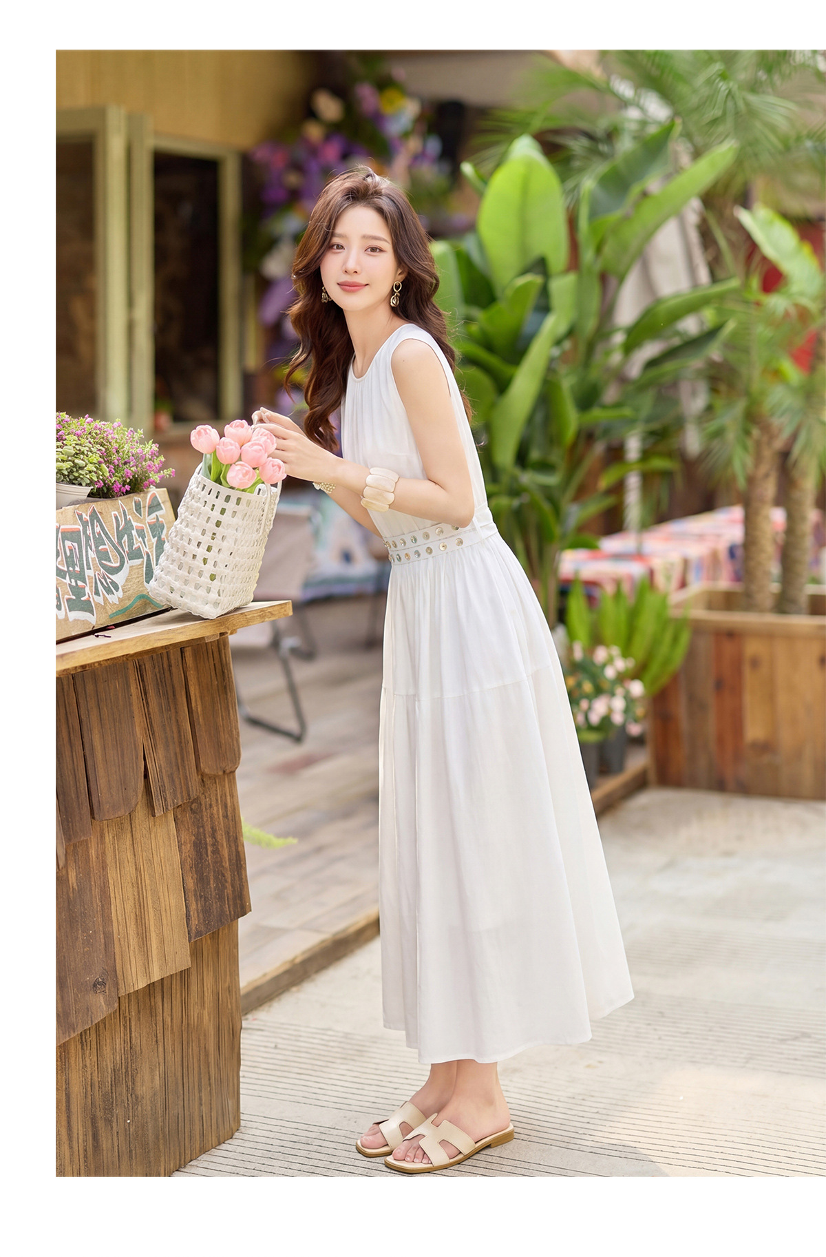 Đầm suông nữ midi không tay dáng rộng dài quá gối MJ5611 — màu trắng, xanh lá cây, màu vàng chi tiết 19