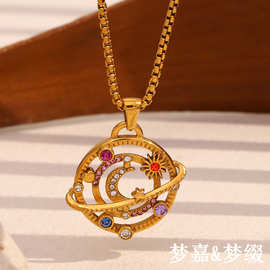 欧美气质小众设计个性高级项坠不锈钢镀18K金彩钻罗盘吊坠项链女