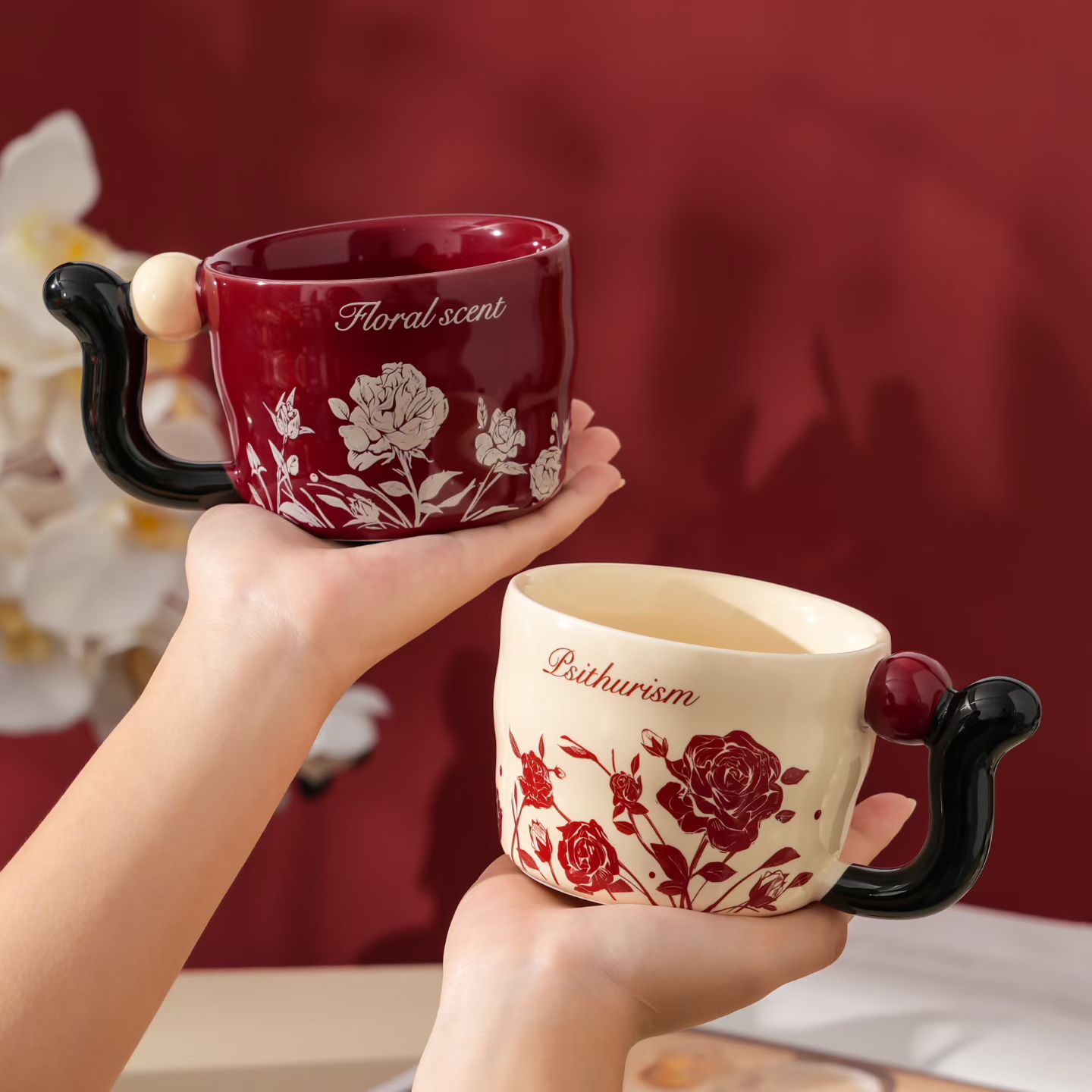 Personalidad creativa pareja taza de cerámica de alto valor de cara flor caja de regalo de taza de café de lujo ligera taza de agua potable transfronteriza