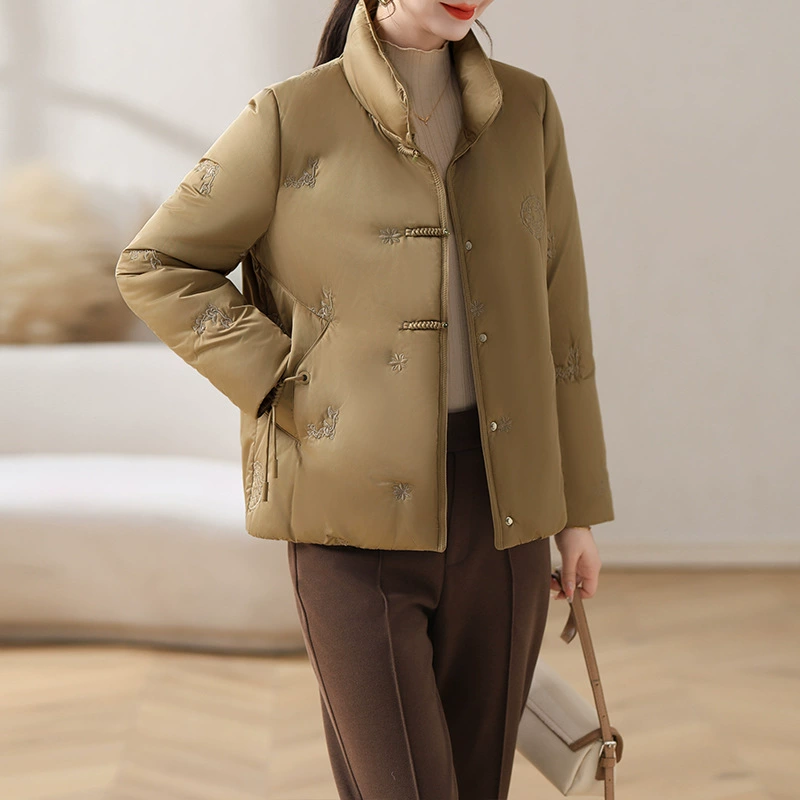 Верхняя одежда для мам, осенне-зимняя одежда, женская атласная легкая пуховая верхняя одежда из тонкого хлопка с вышивкой для 50 лет среднего и пожилого возраста