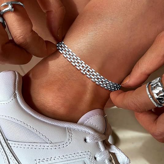 European and American Fashion New Cuban Chain Plated 925 Silver Anklet Exaggerated Versatile Thick Chain Anklet Wide Beach Foot Accessories