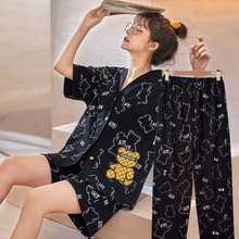 夏季睡衣女短袖三件套和服韩版时尚卡通春秋款女士大码家居服套装