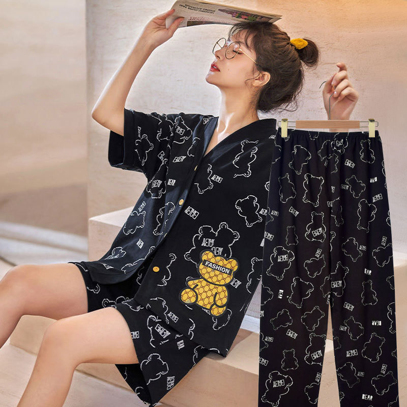 夏季睡衣女短袖三件套和服韩版时尚卡通春秋款女士大码家居服套装