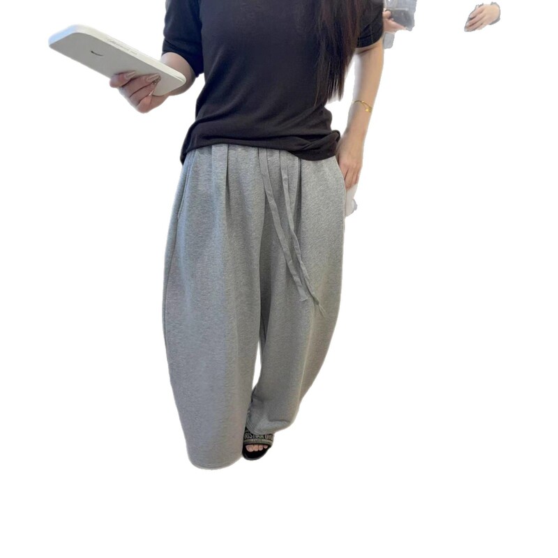 韩系极简风松紧腰系带百搭休闲裤女2025年秋季新款显瘦直筒阔腿裤|undefined